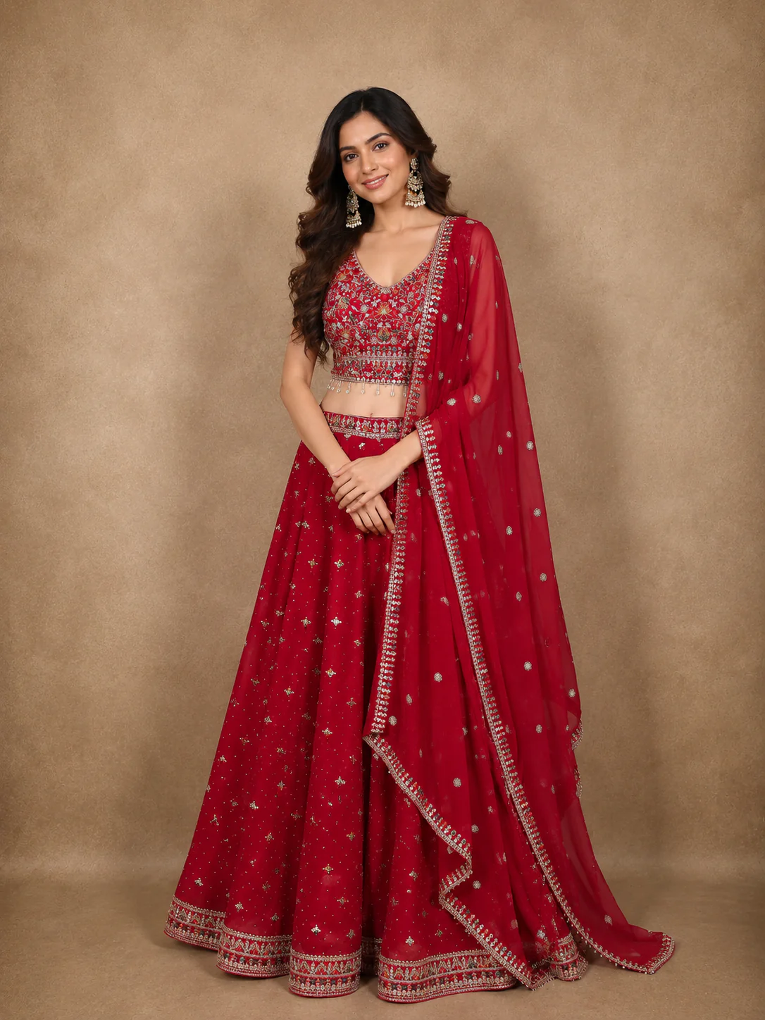 Rani Pink Floral Thread Embroidered Design Georgette Lehenga with Dupatta